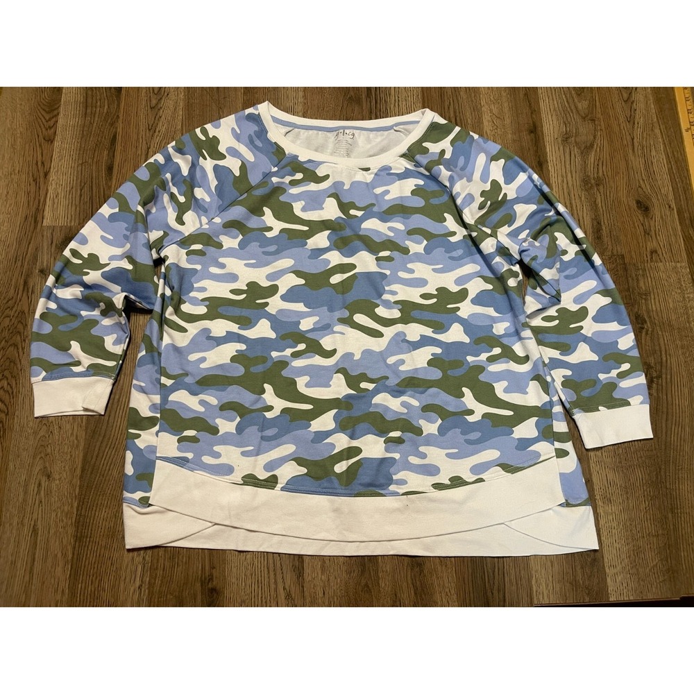 CG.L.CG Sweater, Women's Size 1X, Blue White Green, Camouflage, Pullover